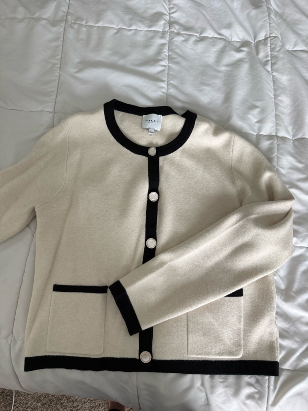 Gilli Cream Cardigan with Black Contrast Trim and Pearl Buttons